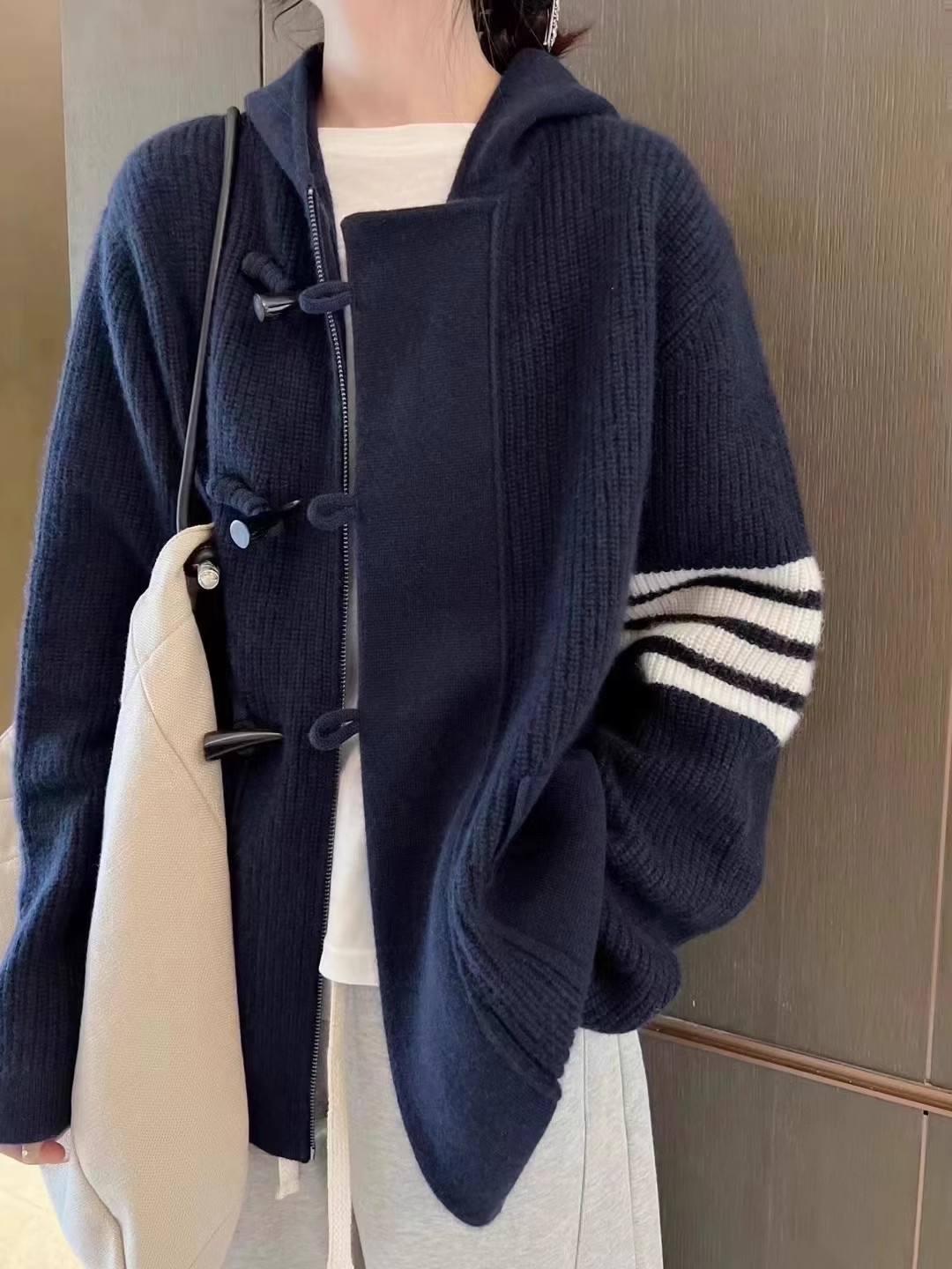 Wool Coat Peacoat - TB Strickjacke Damen Kapuze 100% Kaschmir