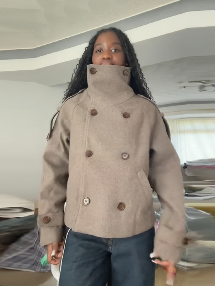 Wool Coat Peacoat - Stehkragen Kurze Braune Damenjacke Lässiger Doppelreihiger