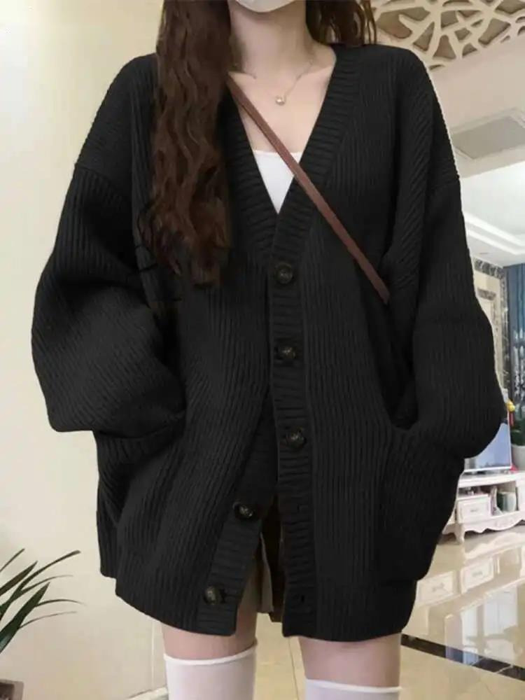 Wool Coat Peacoat - Lose Strickjacke Frauen Langarm V-ausschnitt Strick