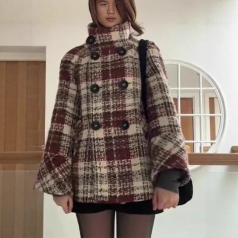 Wool Coat Peacoat - Warmer Karierter Rollkragen-Mantel für Damen, Doppelreihig,